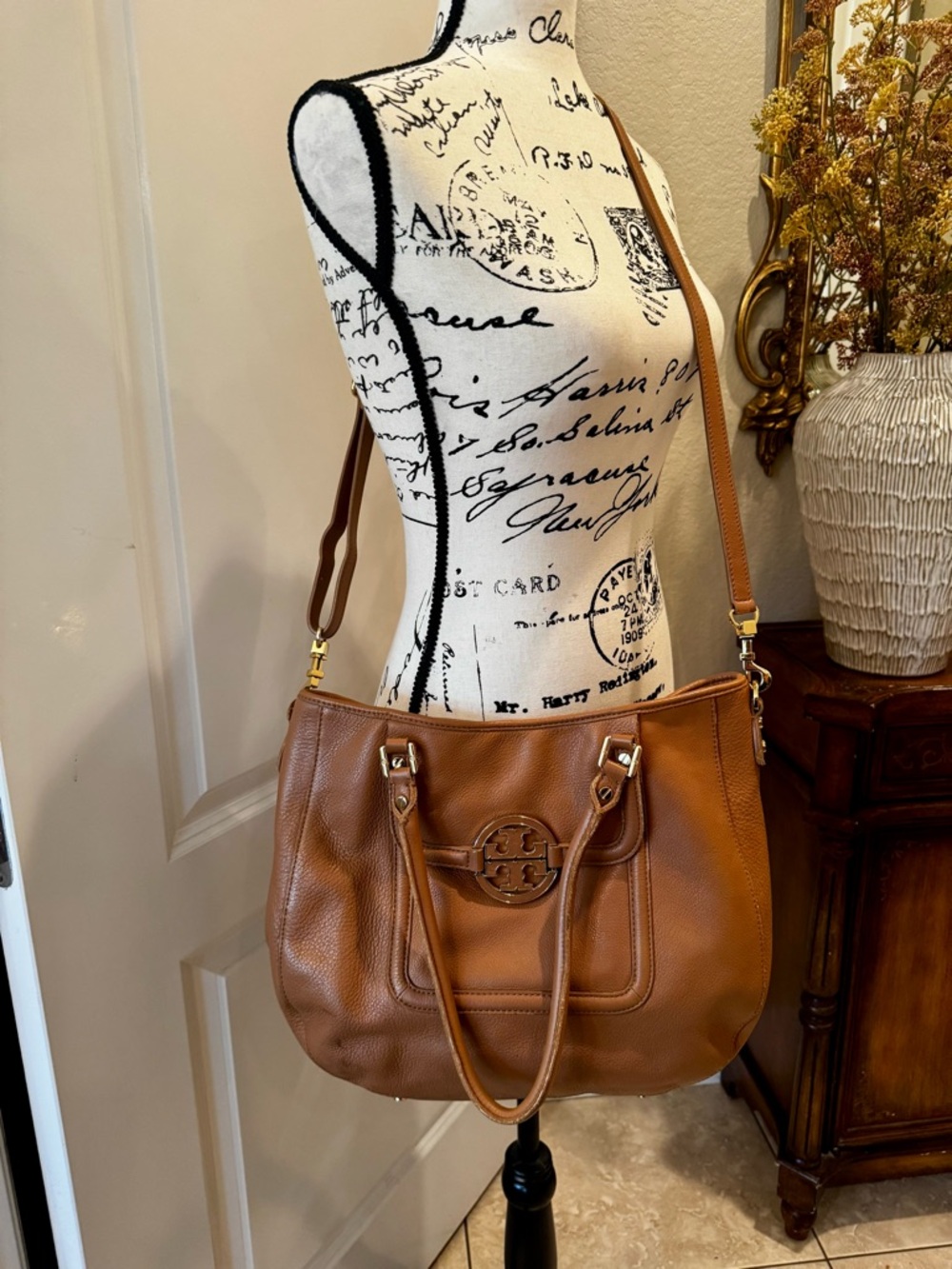 Tory Burch Tan Cognac Pebbled Leather Tote with Logo Medallion